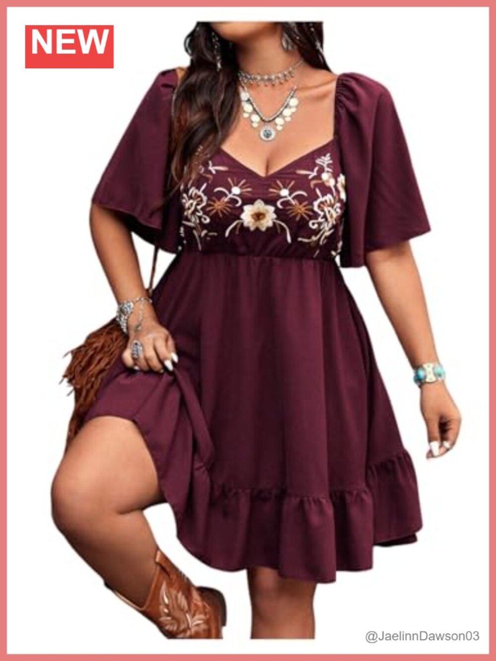 Western Boho Floral Embroidered ALine Dress Ruffle Hem